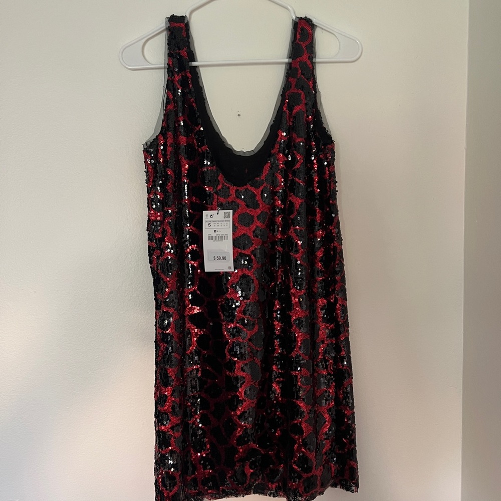 NWT Zara red and black animal Sequin Mini Dress